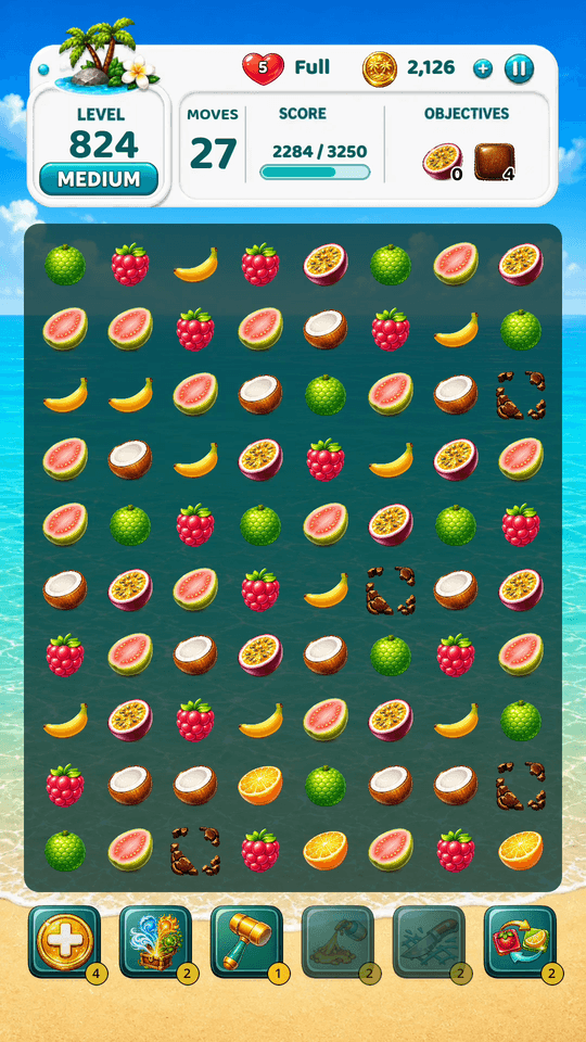 The same Tropic Tumble level after powers and boosters changed the board, with fewer blockers and updated moves and score