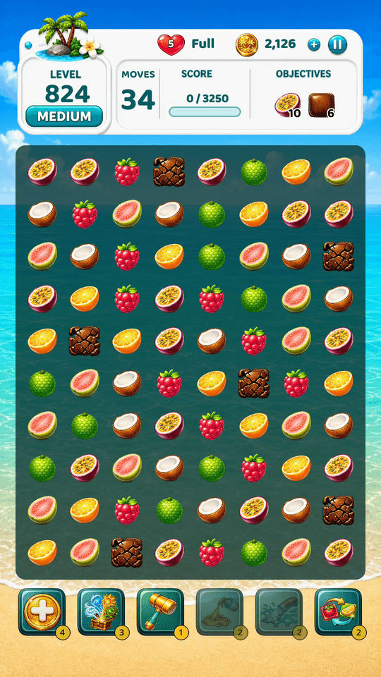 Tropic Tumble Android gameplay on level 824 with the mobile HUD, objectives, fruit tiles, blockers, and booster tray