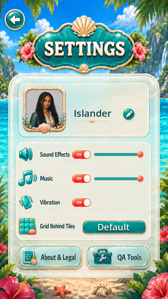 The Tropic Tumble settings screen on iPhone, with sound, music, vibration, child-friendly tiles, and player tools visible