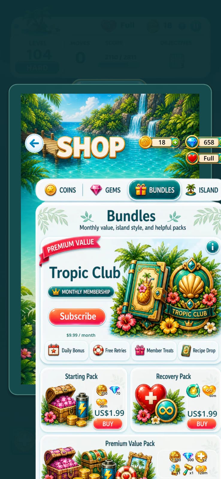 The Tropic Tumble bundle shop on iPhone, with purchase cards, sale labels, currency counters, and the Tropic Club subscription card visible