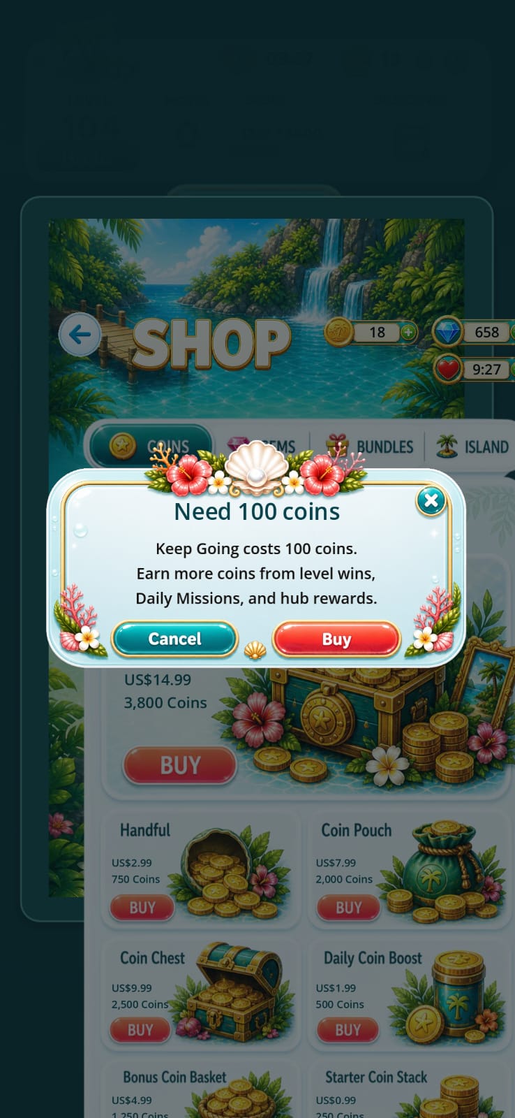 The same Tropic Tumble shop opened from a popup: small and dimmed behind a Need 100 coins modal that never closed