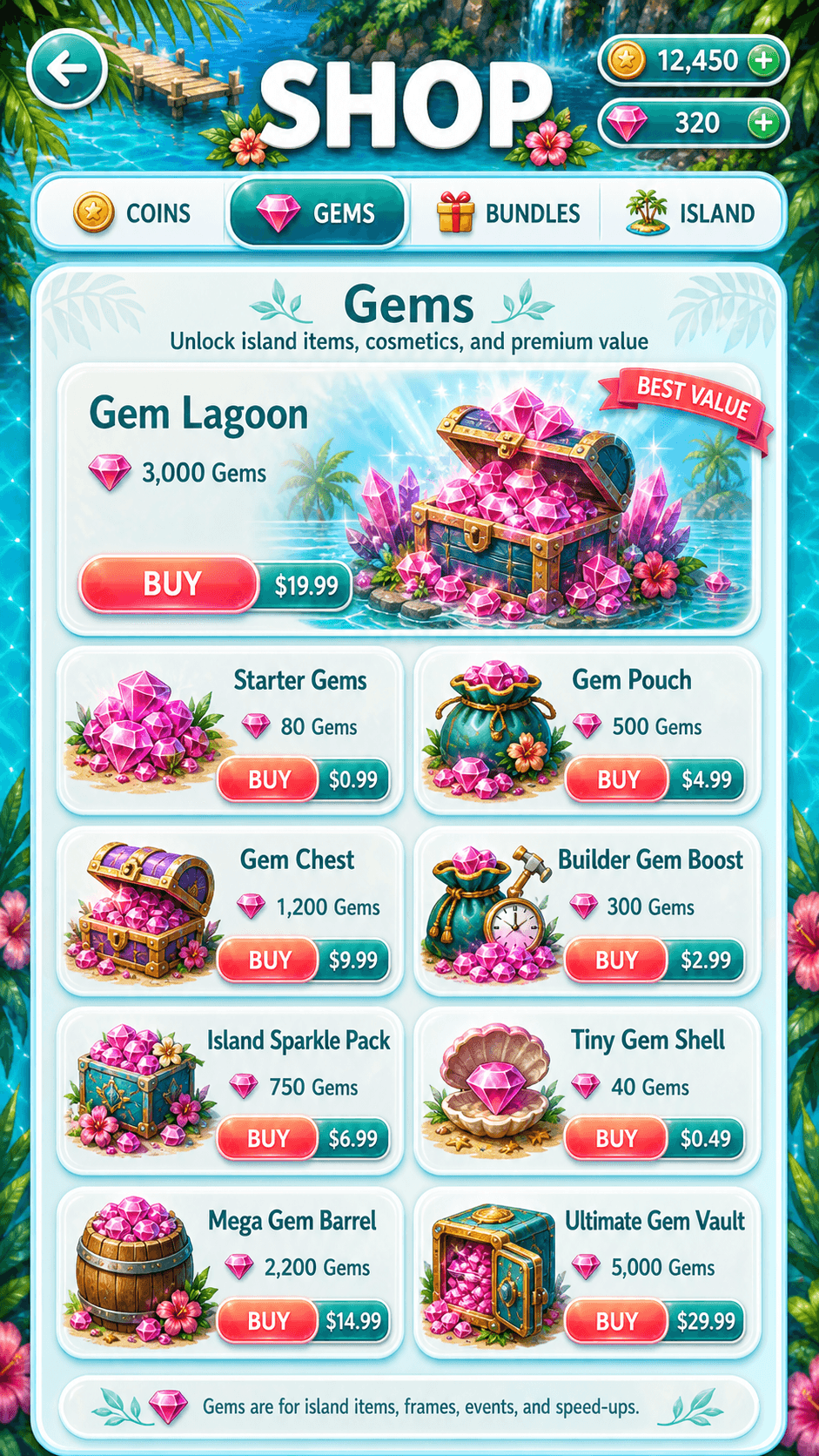The Tropic Tumble gems shop on iPhone, with gem pack cards, prices, buy buttons, and the player currency bar visible