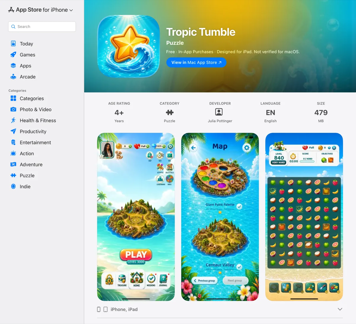 The Tropic Tumble listing on the Apple App Store with icon, screenshots, and get button