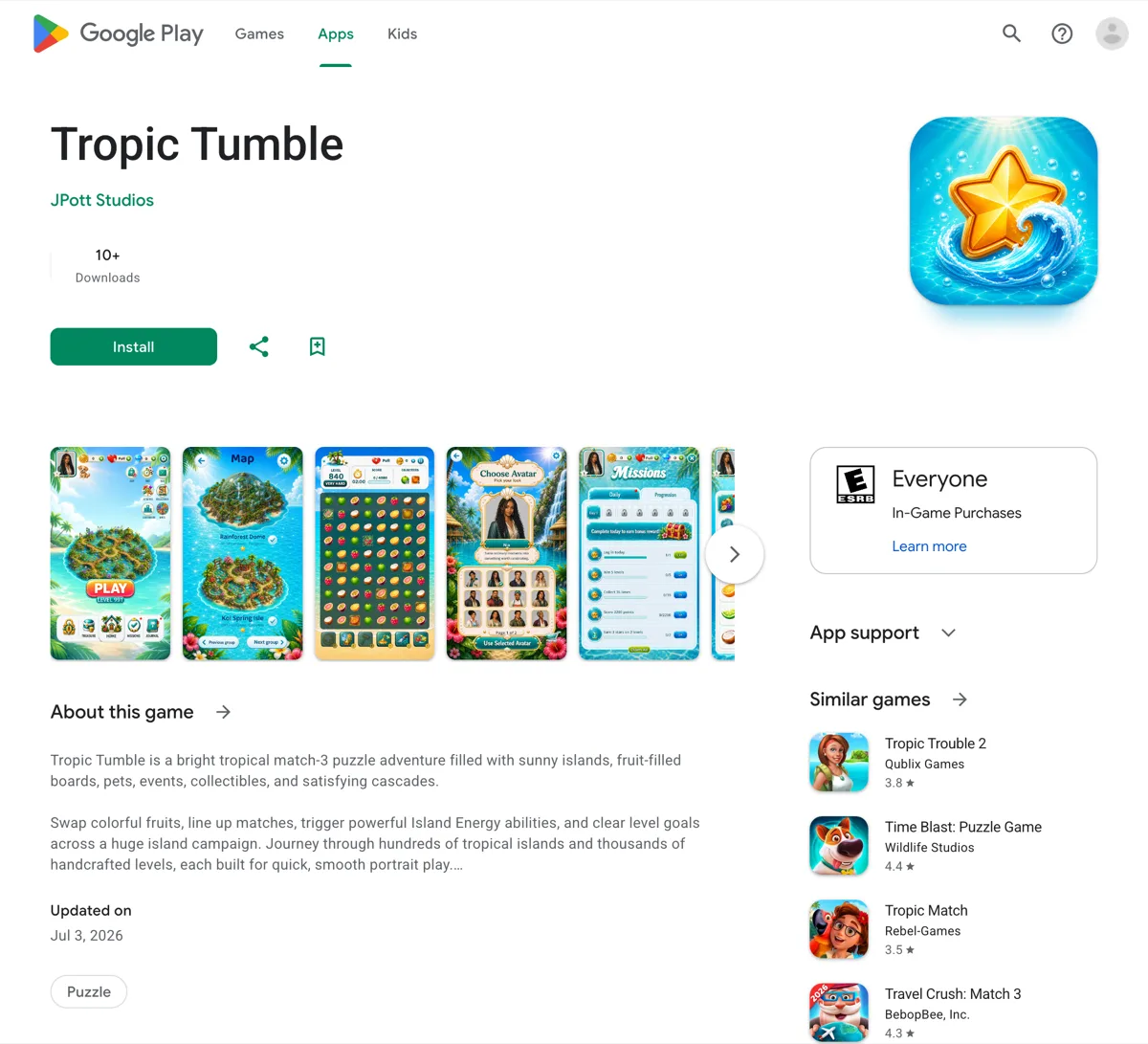 The Tropic Tumble listing on Google Play with icon, screenshots, and install button