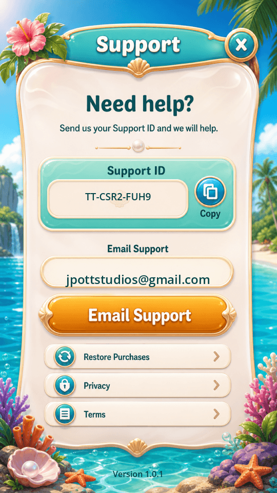 The Tropic Tumble support screen on iPhone, with support ID, email support, restore purchases, privacy, and terms controls visible