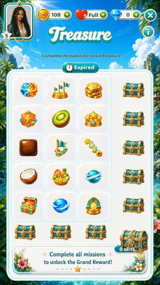 A treasure reward screen with chests, collected items, and a grand reward counter