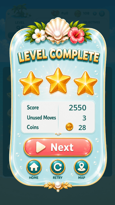 The level-complete screen with three stars, score, unused moves, and coins earned
