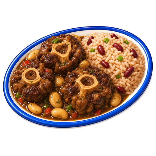 A plate of oxtail with rice and peas and butter beans